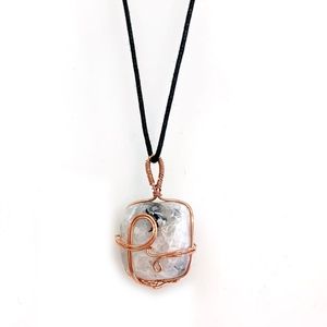 Rainbow Moonstone Copper Wire-Wrapped Pendant on Cord